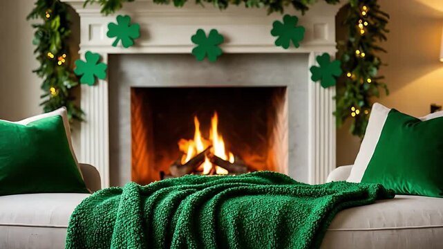 Living room decorating for St. Patrick's Day, featuring a fireplace with shamrocks and garlands, green pillows and blanket creating a cozy atmosphere