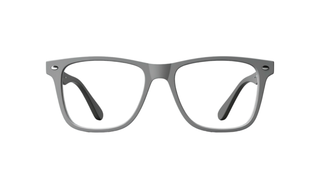 Gray-framed glasses centered, classic shape, black background