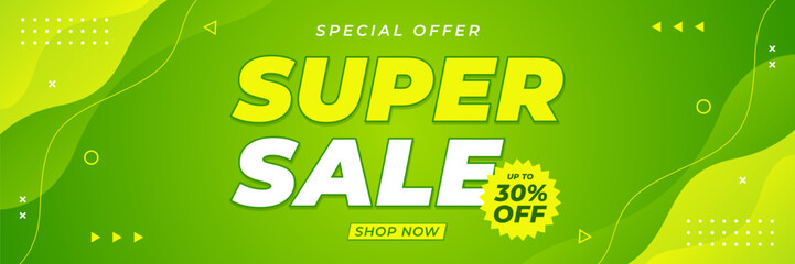 Super Sale banner design with green wave background and geometric shapes, up to 30% off, suitable for sales promotion, marketing ads, e-commerce, events, social media, web and headers
