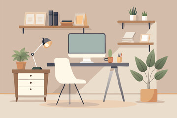 Fototapeta premium Modern Home Office Desk Setup With Computer, Plants, and Shelves for Cozy Workspace Productive Environment