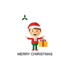 A cheerful cartoon boy in a Santa hat holds a gift under a sprig of holly for Christmas.
