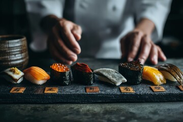 Artisan sushi platter with meticulously crafted pieces including salmon, tuna, and roe served on a textured slate board showcasing culinary expertise and traditional Japanese techniques