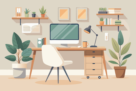 A stylish, productive home office setup featuring a large computer monitor on a wooden desk, surrounding plants, books, and a task lamp. Perfect for work, study, and creative tasks.