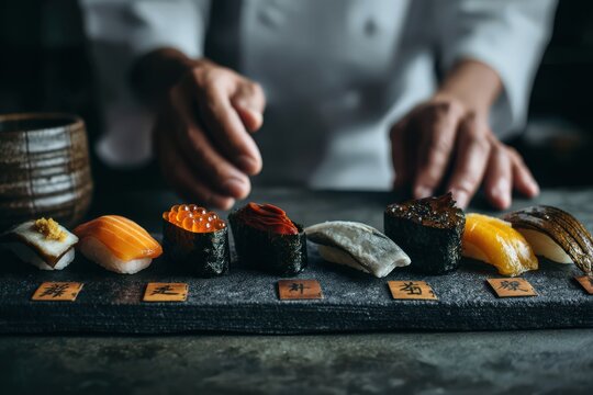 Artisan sushi platter with meticulously crafted pieces including salmon, tuna, and roe served on a textured slate board showcasing culinary expertise and traditional Japanese techniques