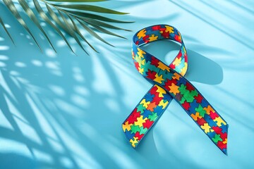 A vibrant autism awareness ribbon made of colorful puzzle pieces rests on a textured blue surface with dappled sunlight and shadow from palm fronds creating a serene and supportive atmosphere