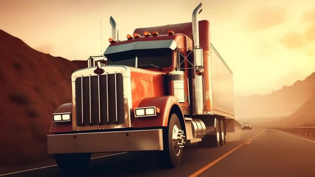 Red semitruck on a highway with mountains in the background