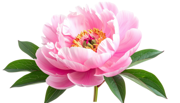 Beautiful, light-pink peony blossom w/green leaves on black