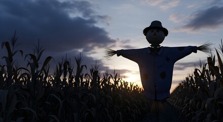 A scarecrow standing in a cornfield at sunset under a dramatic sky