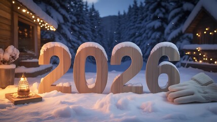 Wooden 2026 numbers in snowy winter landscape scene
