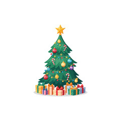 A beautifully decorated Christmas tree with a golden star, colorful ornaments, and a pile of gift boxes underneath.