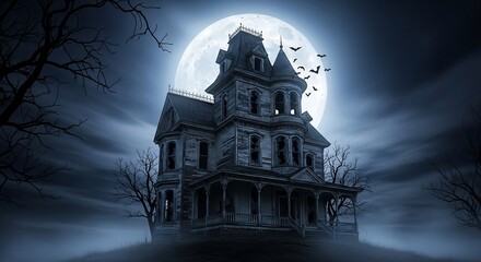 A gothic-style haunted mansion lit by the moon, with fog and dark trees around