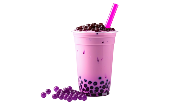 Pink bubble tea with tapioca pearls and pink straw, isolated