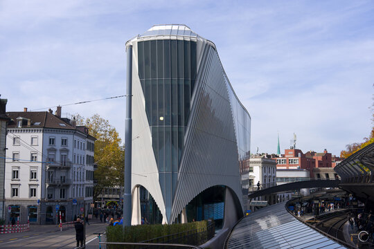 Scenic view of newly built modern office building by AXA investment foundation designed by Santiago Calatrava architect at Swiss city of Zurich. Photo taken October 29th, 2025, Zurich, Switzerland.