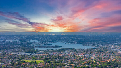 Panorama aerial drone view of western Sydney Suburbs of Canterbury Burwood Ashfield Marrickville Campsie with Houses roads and parks in Sydney New South Wales NSW Australia