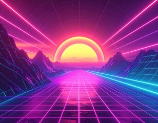 Futuristic sunset scene with glowing neon lights and mountainous landscape