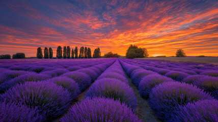 Vast lavender field at sunset with vibrant orange and purple sky
