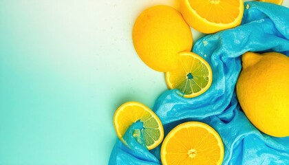 Bright Yellow Lemons and Limes on Teal Sequined Fabric