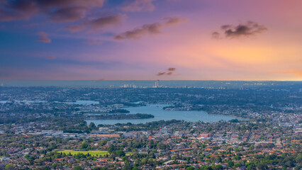 Panorama aerial drone view of western Sydney Suburbs of Canterbury Burwood Ashfield Marrickville Campsie with Houses roads and parks in Sydney New South Wales NSW Australia