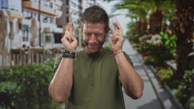 Man with fingers crossed and eyes closed smiling on a sunny street by buildings and palm trees wearing a green shirt; hope.