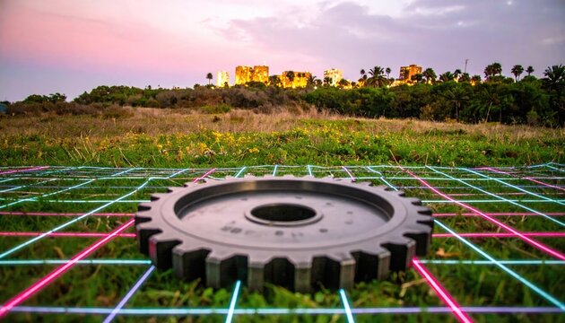 Retro Vaporwave Gear on Grass Grid at Sunrise