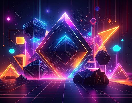 Geometric shapes glowing with vibrant colors in a night sky