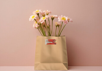 Pink Daisies In Paper Bag Mockup Psd 