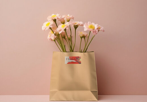 Pink Daisies In Paper Bag Mockup Psd 