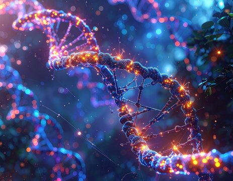 Illuminated double helix structure amidst bokeh and foliage - Powered by Adobe