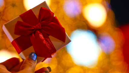 A Gift of Holiday Cheer and Red Ribbon and Bokeh Magic 
in Golden Lights