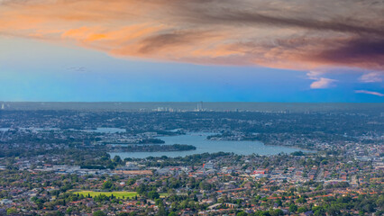 Panorama aerial drone view of western Sydney Suburbs of Canterbury Burwood Ashfield Marrickville Campsie with Houses roads and parks in Sydney New South Wales NSW Australia