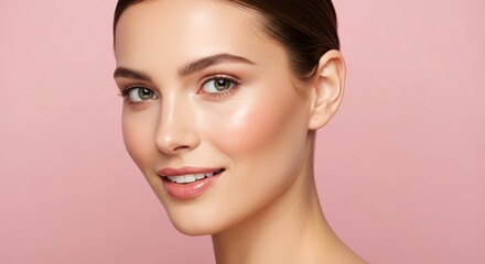 Obraz premium Closeup portrait of a young woman with natural makeup and a gentle smile, her eyes looking towards the camera, with a soft pink background