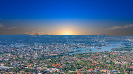Panorama aerial drone view of western Sydney Suburbs of Canterbury Burwood Ashfield Marrickville...