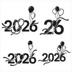 Festive 2026 new year celebration design with balloons and ribbons set and bundle silhouette art vector design