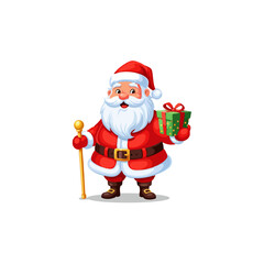 A cheerful cartoon Santa Claus in a red suit holding a green gift box and a golden staff.