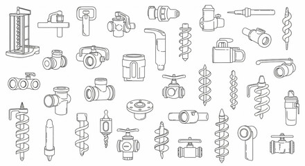 Line art illustration of various valve types and components, arranged on a plain white background with a clean and technical aesthetic.