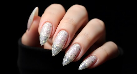 Womans hand with long stiletto nails with glitter