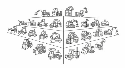Monochrome outline graphic of assorted construction vehicles arranged on a white background with clean lines in a symmetrical composition.