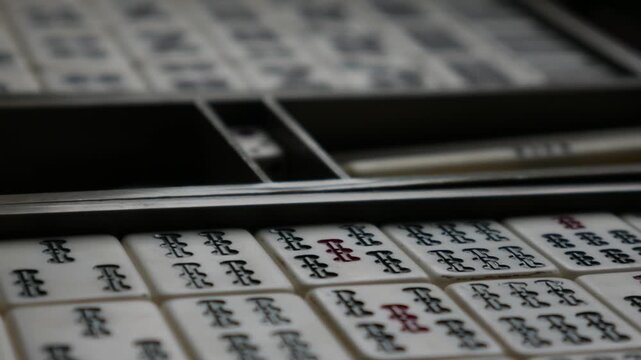 Traditional Mahjong Tiles Set with Circle Dots and Bamboo Sticks Arranged in Wooden Box