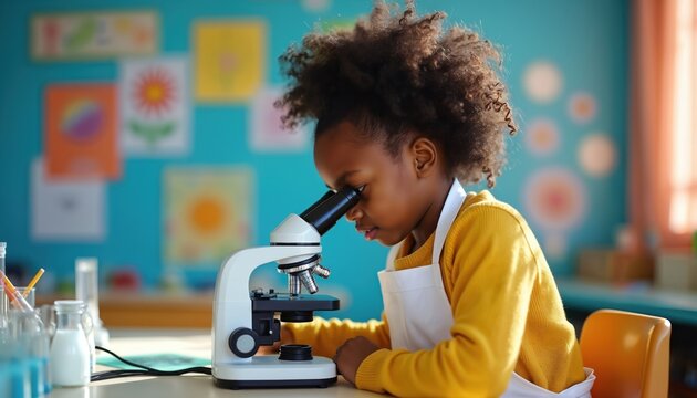 Young Black girl uses microscope in colorful classroom. Focused child studies specimen, explores science, learns biology in school lab. Curious kid researches nature, engages in education.