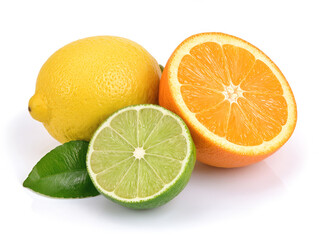 Lemon, half of orange and lime slice with green leaf macro isolated on white background