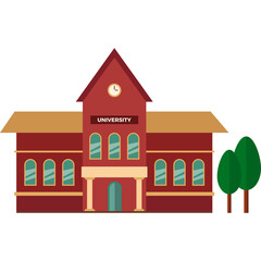 A pixel art illustration of a red brick university building with a brown roof and green trees on a transparent background