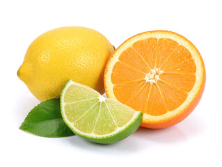 Lemon, half of orange and lime slice with green leaf macro isolated on white background