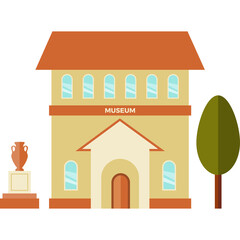 A pixel art museum building with a statue and a tree on a transparent background representing a cultural institution for exhibits and artifacts with an orange roof and tan walls.