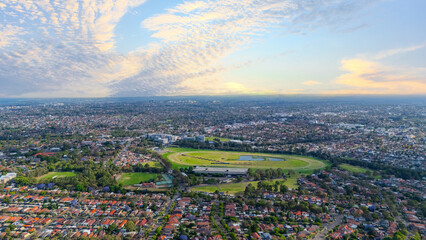 Panorama aerial drone view of western Sydney Suburbs of Canterbury Burwood Ashfield Marrickville...