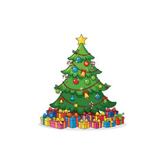 A festive cartoon Christmas tree decorated with colorful ornaments, bells, and a star, surrounded by a pile of wrapped gifts.