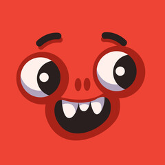 A Playful Cartoon Red Monster Face with Wide Eyes and a Grinning Mouth Against a Bright Red Background
