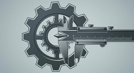Detailed studio shot of a caliper measuring a gear against a clean, light gray background emphasizing precision, with technical and industrial design elements.