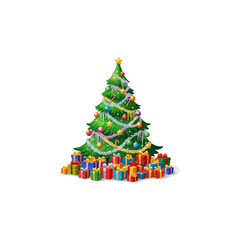 A festive Christmas tree adorned with ornaments and surrounded by colorful wrapped presents, celebrating the holiday.