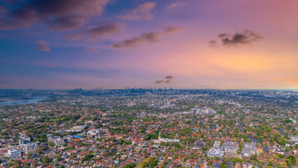 Panorama aerial drone view of western Sydney Suburbs of Canterbury Burwood Ashfield Marrickville Campsie with Houses roads and parks in Sydney New South Wales NSW Australia