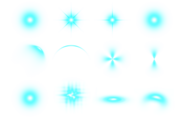 Collection of twelve bright glowing teal and turquoise light flares and abstract bokeh effects on a dark black background